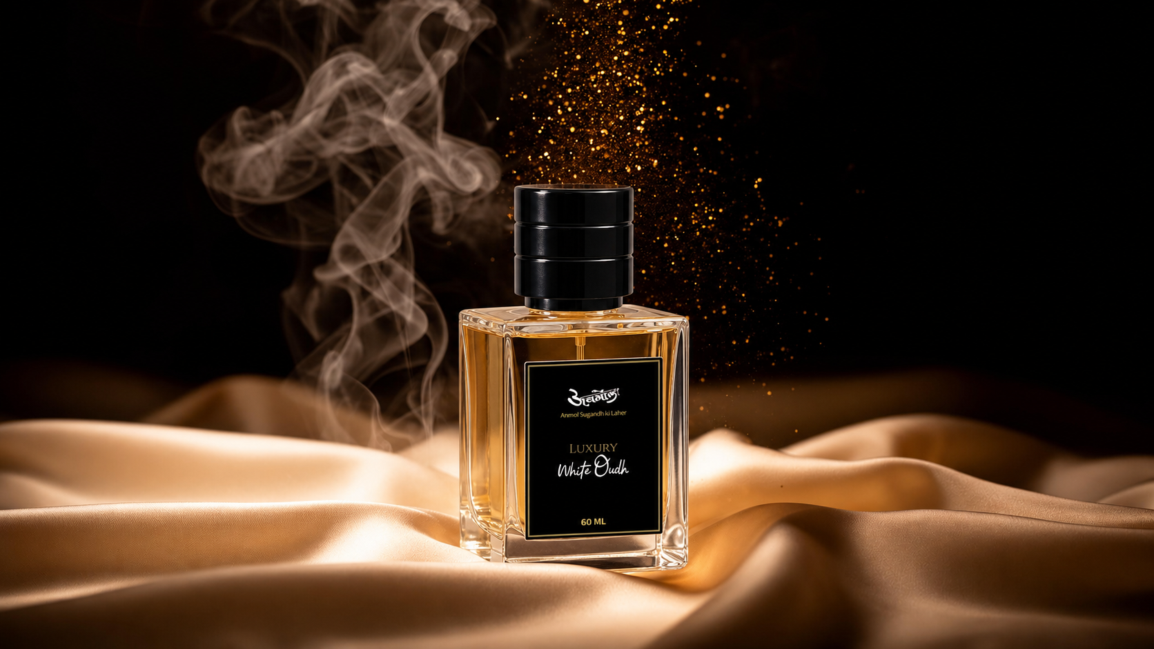 Luxury crystal perfume bottle with golden fragrance particles
